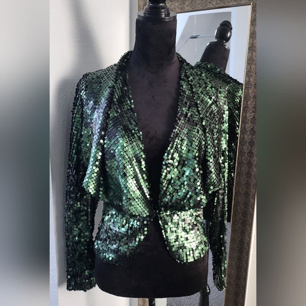 Neiman Marcus Mesh  Sequin Green Evening Top Blouse Size S